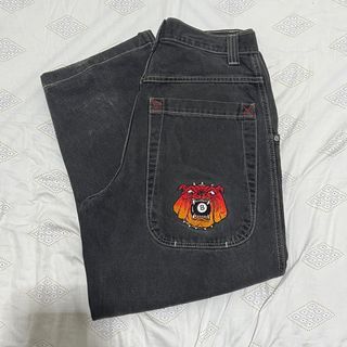 [SOLD] RARE Vintage 90s JNCO Jeans 8 Ball Bulldog Embroidered Patch Dark Washed Baggy Pants