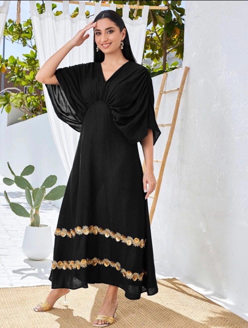 shein black embroidered dress SHEIN Dark Boho embroidered Black dress size