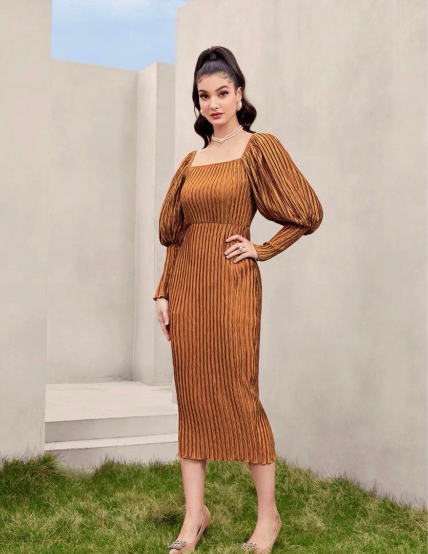 SHEIN Modely Square Neck Gigot Sleeve Brown Dress, Women's Fashion, Dresses  & Sets, Dresses on Carousell