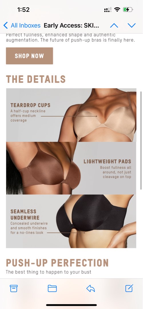Skims - newest- Teardrop push-up bra 32C nude black, 女裝, 內衣和休閒服- Carousell