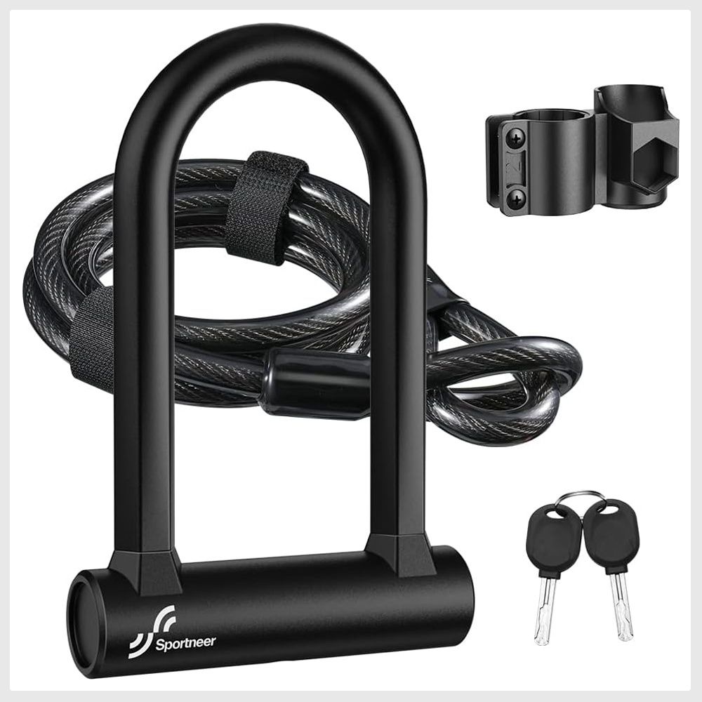 Sportneer Bike Lock Set Heavy Duty Bike U Lock with 5 Ft Security Steel Cable 17mm Shackle Bicycle U Locks with Keys and Sturdy Mounting Bracket for Road Mountain Bike Sports Equipment Bicycles
