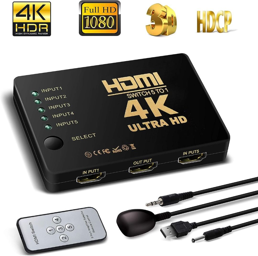 HDMI Switch 5 Ports Support HDCP 1080p 5 in 1 out HDMI Switcher 4K Intelligent 5
