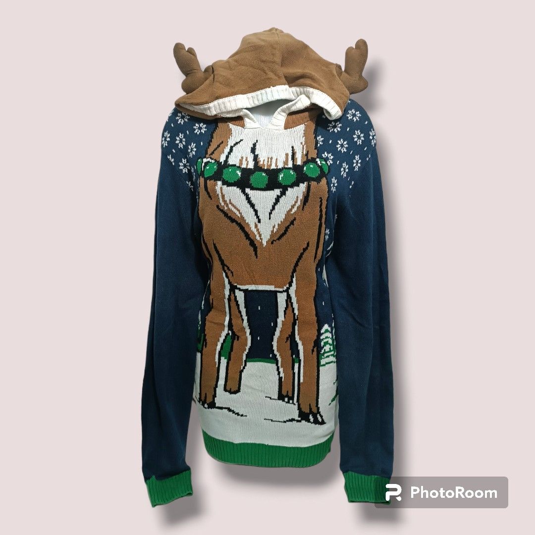 Ugly Christmas sweater deer design with hood Men s Fashion Coats