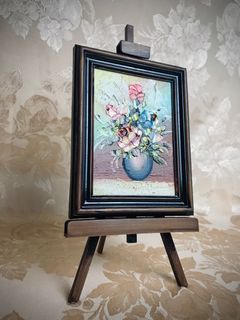 VINTAGE ART ⚜️Eygalières Mini Easel Floral Bouquet Oil Painting - Miniature Oil Impasto Artwork with Easel Stand Included