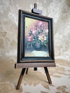 VINTAGE ART ⚜️Eygalières Mini Easel Flower Bouquet Oil Painting - Miniature Oil Impasto Artwork with Easel Stand Included