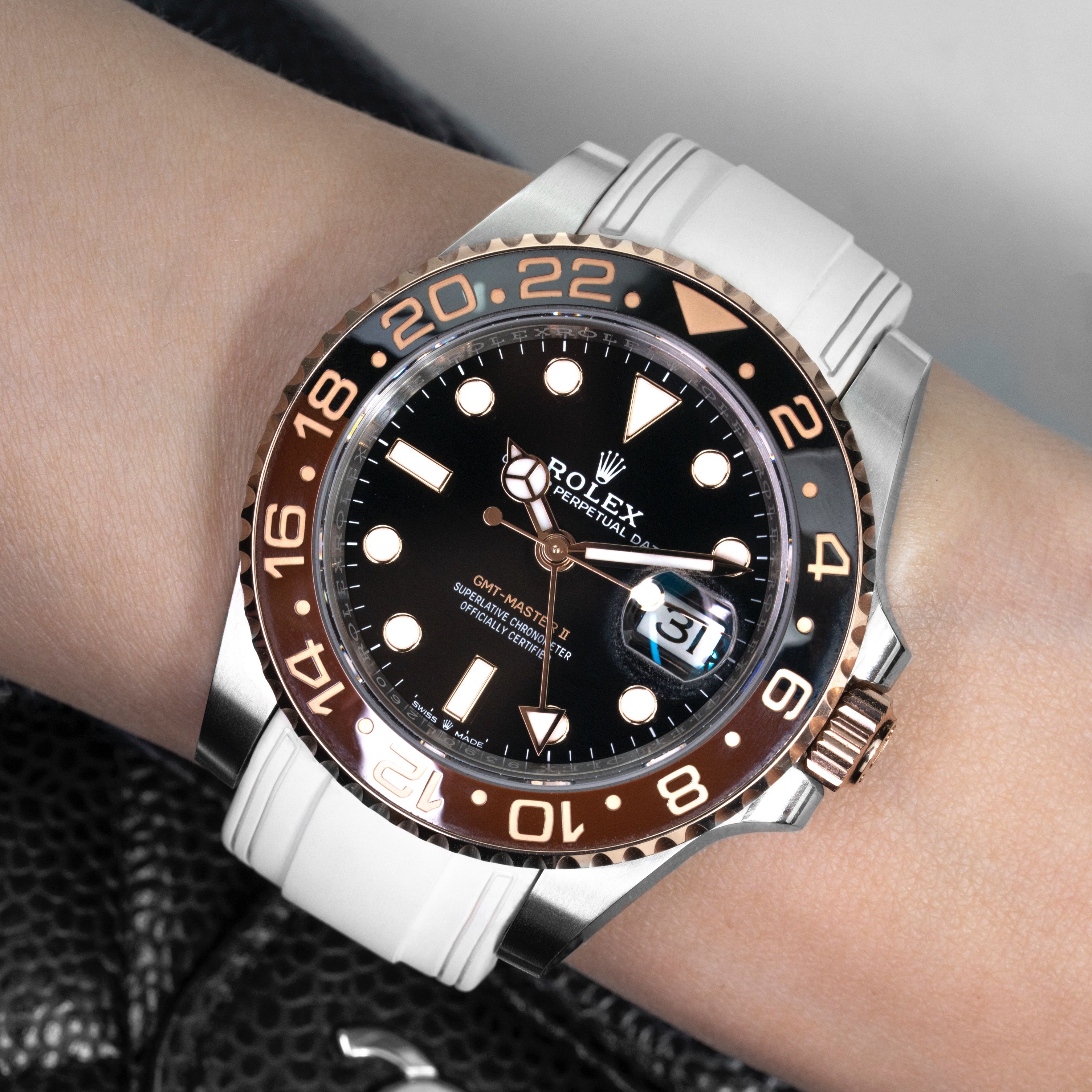 Vulcanised FKM Rubber Strap in Snowy White by Solitaire for Rolex GMT Master II Rootbeer 126711CHNR