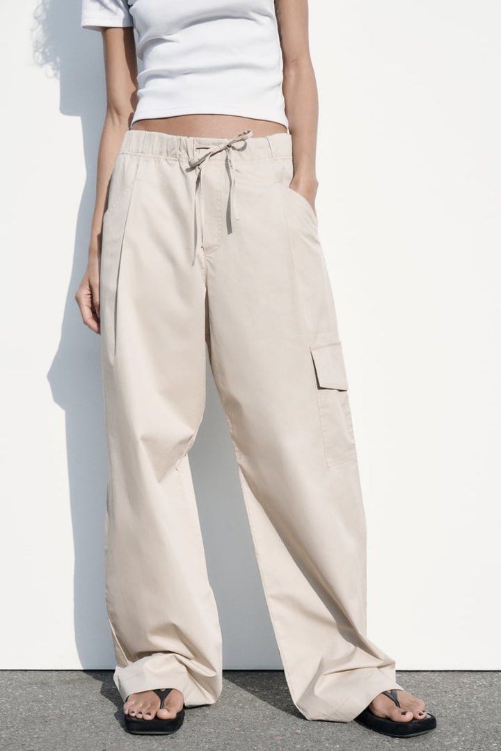 Zara Cargo Pants Trousers Wide Beige Size XS Bloggers Favorite 