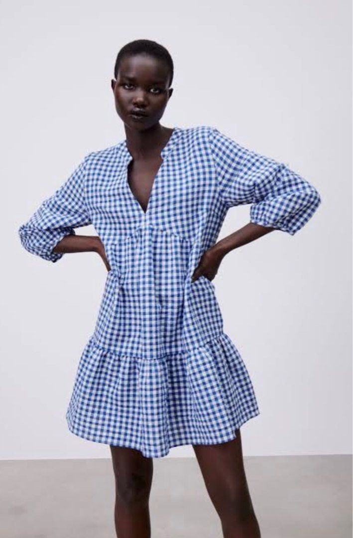 Zara blue cheap tartan dress