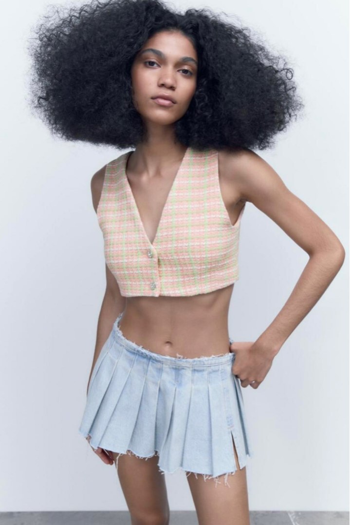 Zara pink tweed vest waist coat crop top Barbie style