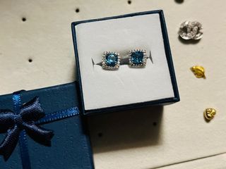 14K Princess Cut Aquamarine with Diamonds Earrings