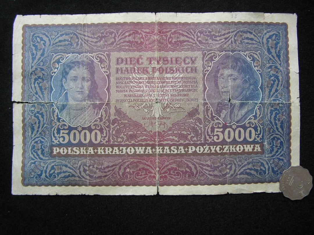 波蘭鈔票-1920年波蘭國家信用銀行大鷹國徽女皇帝Jadwiga  Andegaweńska肖像及國家英雄Kościuszko將軍肖像5000馬力巨型鈔票(最高面值), 興趣及遊戲, 收藏品及紀念品, 錢幣-  Carousell