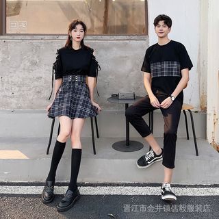 全新韓版格紋露肩綁帶短袖上衣+綁帶格子傘裙短裙兩件式套裝 情侶衣 情侶裝 寬鬆百搭男女生套裝