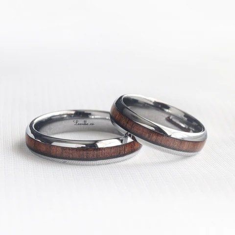 Ash Tungsten Carbide Couple Rings with free engraving wood inlay
