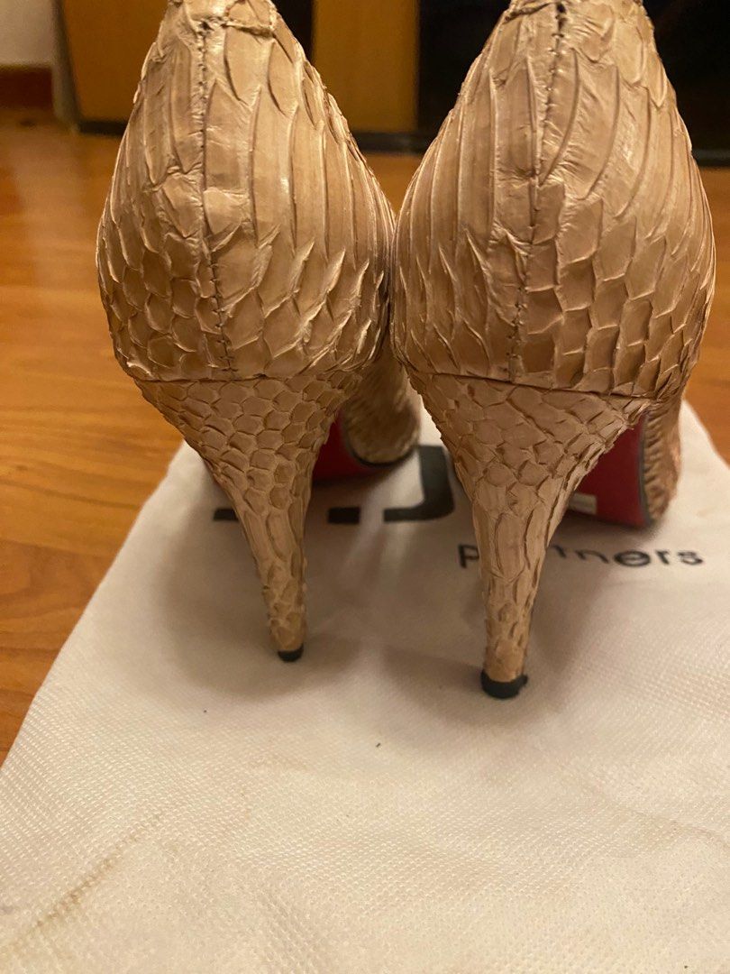 Beige snake skin leather open toe high heel
