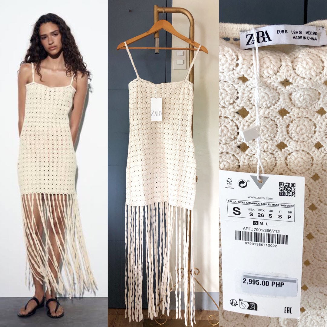 BNWT ZARA crochet dress with fringing, Women's Fashion, Dresses & Sets
