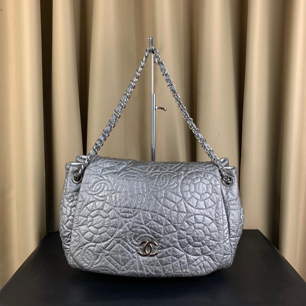 Chanel Silver Vinyl Arctic Polar Ice CC Accordion Flap Bag