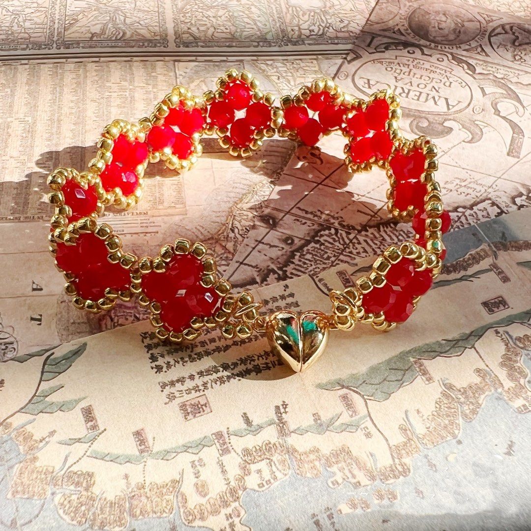 Classic Red Clover Beading Bracelet Heart Magnetic Clasp Women s