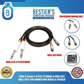DUAL 6.35mm 1/4 PL55 TS MONO to DUAL RCA MALE, BEST FOR CONNECTING MIXER to SPEAKER
