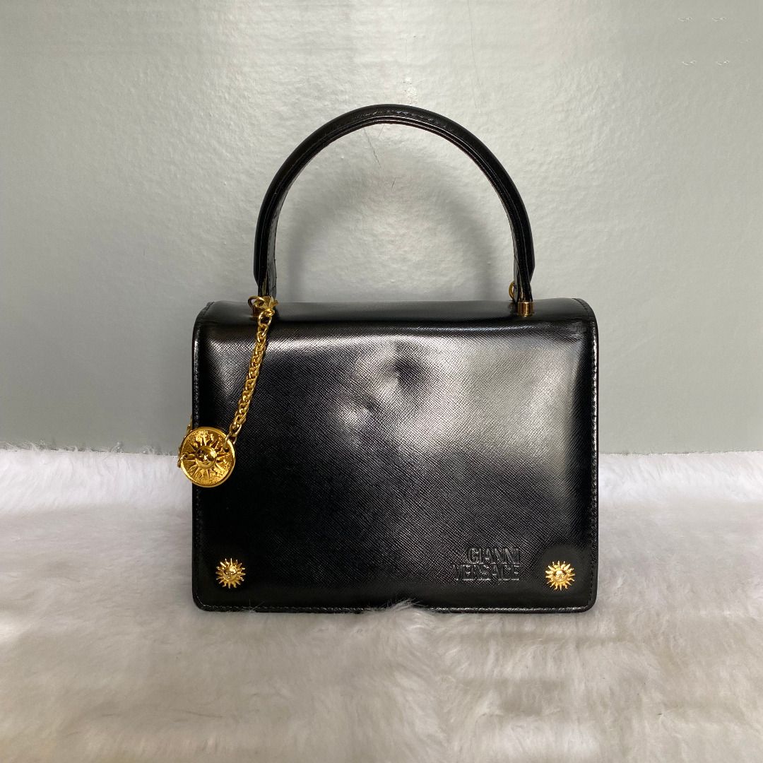 Gianni Versace Vintage Black Leather Sunburst Satchel Bag