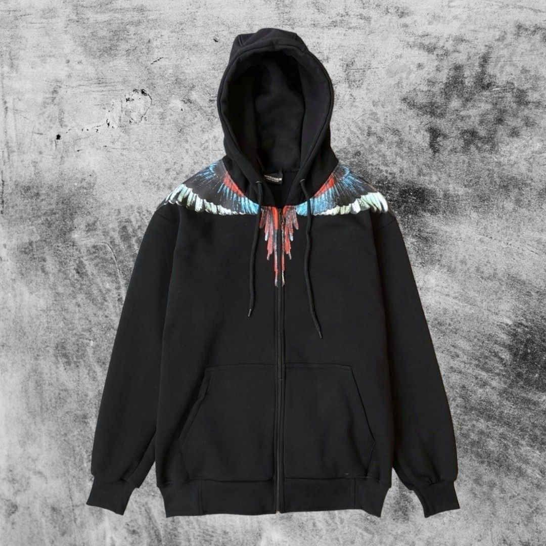 Hoodie Zipper Marcelo Burlon Wings Hitam, Fesyen Pria, Pakaian