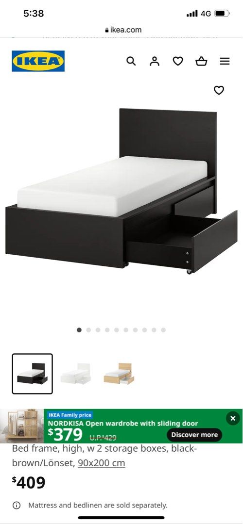 Ikea super single bedframe with four drawer, Furniture & Home Living