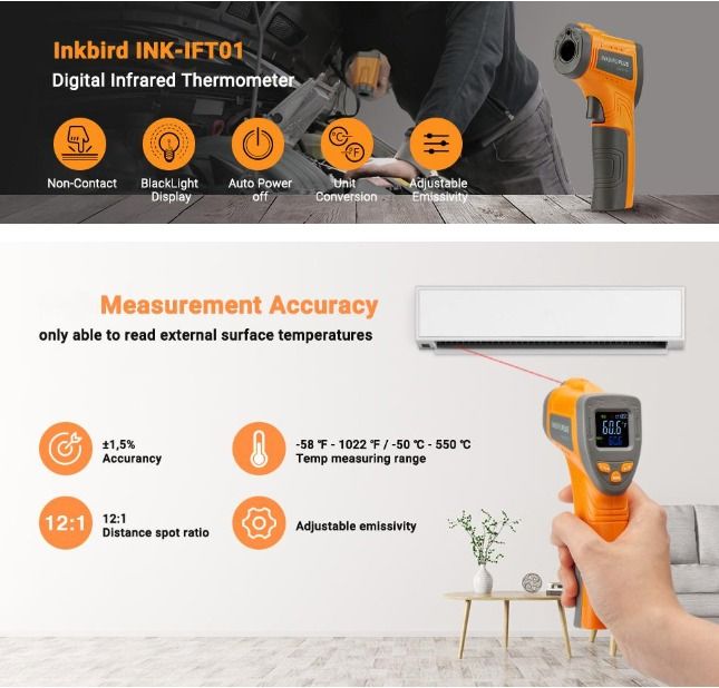 Inkbird Infrared Thermometer Ink-IFT, Temperature Gun,Digital Laser  Thermometer,Non Contact thermometers -58F~1022F IR Gun for Heating Food,  Barbecue,Pizza Oven,and Daily use (NOT for Human) 