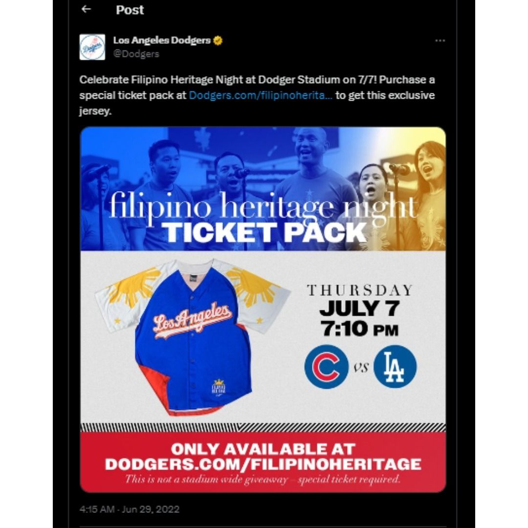 Los Angeles Dodgers Filipino Heritage Night Jersey SGA 7/7/22 XL
