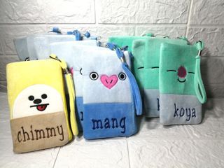 Lot of 12 pcs. KPOP BTS BT21 Pouch Bags Cellphone Cases with Wristlets Mang Koya Chimmy  K Pop Novelty Gift Items Big Sale Package