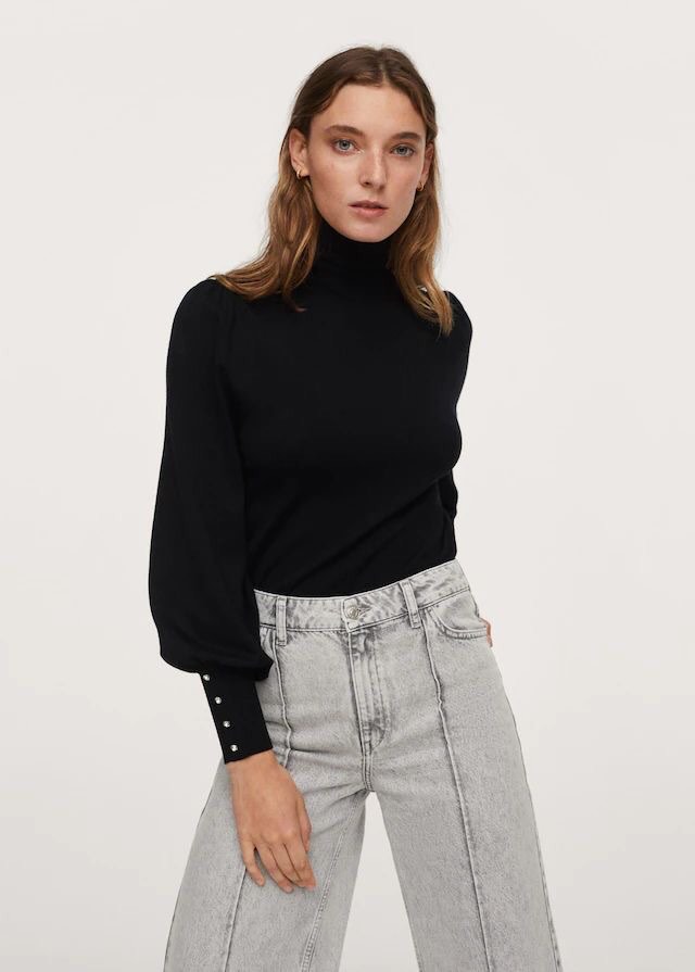 MANGO Black Turtle Neck Puff Sleeve Knit Top on Carousell