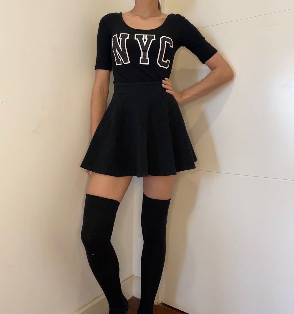 Pleated Solid Black Skirt Short Zipper Small Size Woman Korean