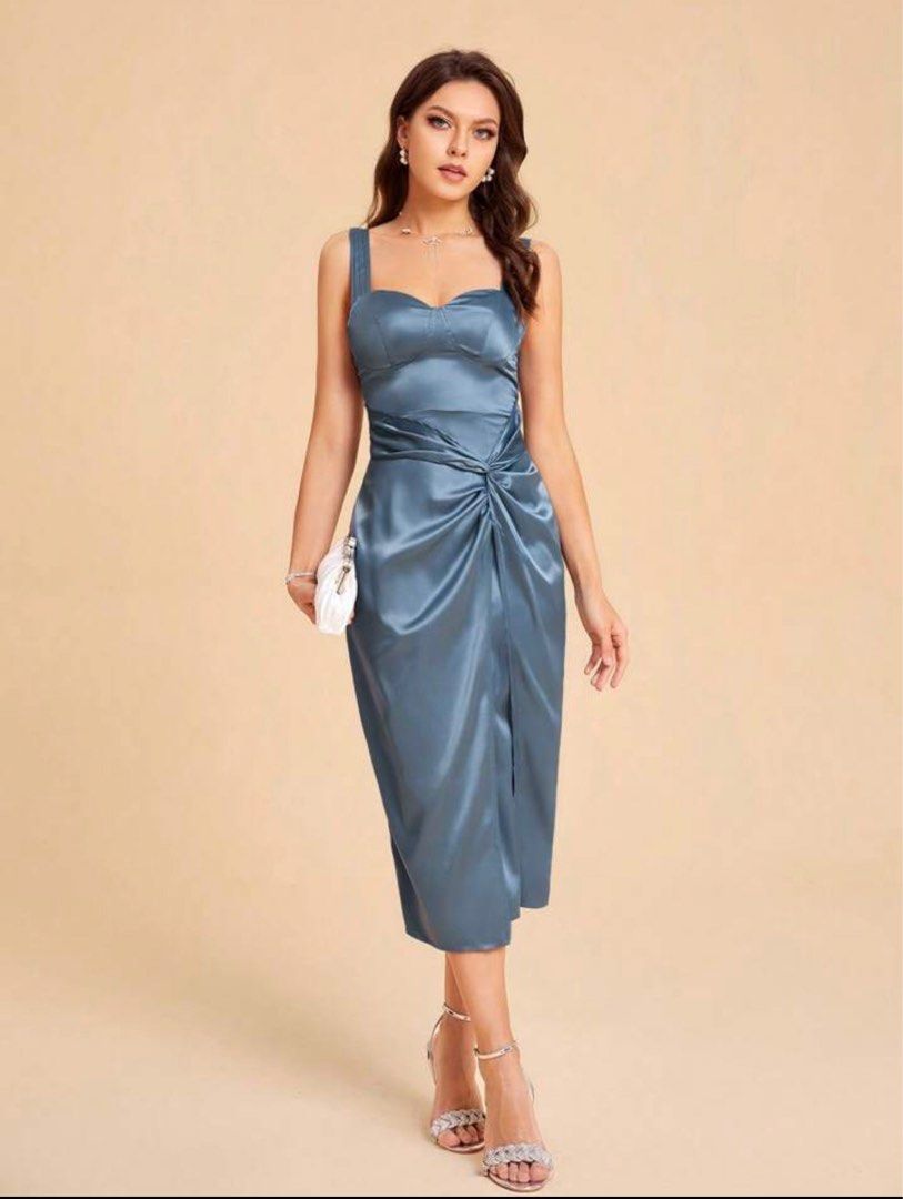 Shein Dusty Blue Corset Knot Satin Dress Women s Fashion Dresses