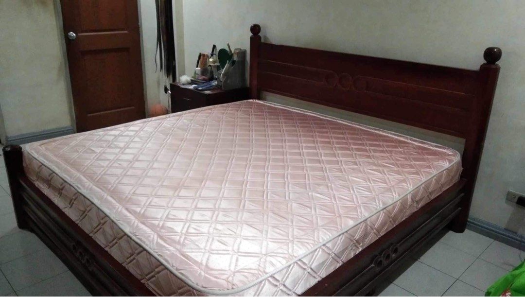 Solid Wooden Bed with Spring Mattress, Furniture & Home Living ...
