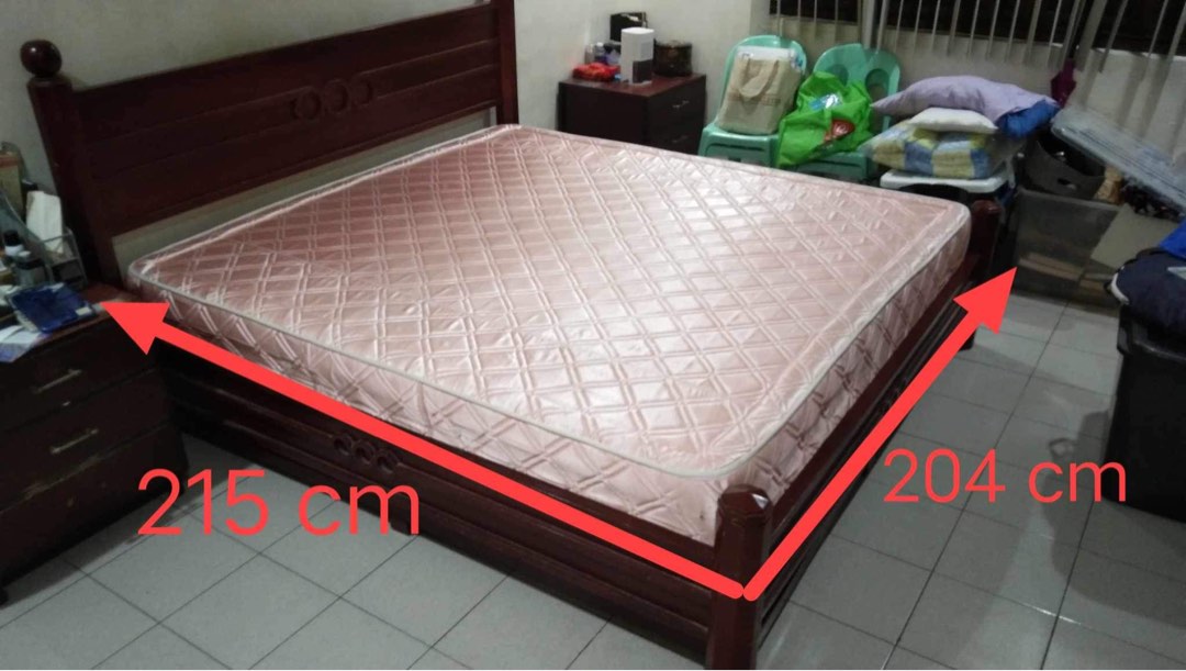 Solid Wooden Bed with Spring Mattress, Furniture & Home Living ...