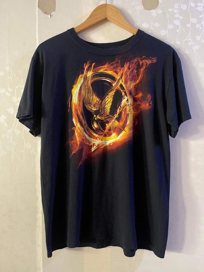 The Hunger Games Shirt MEDIUM Anvil Blue Bar with Mockingjay Fire Logo ...