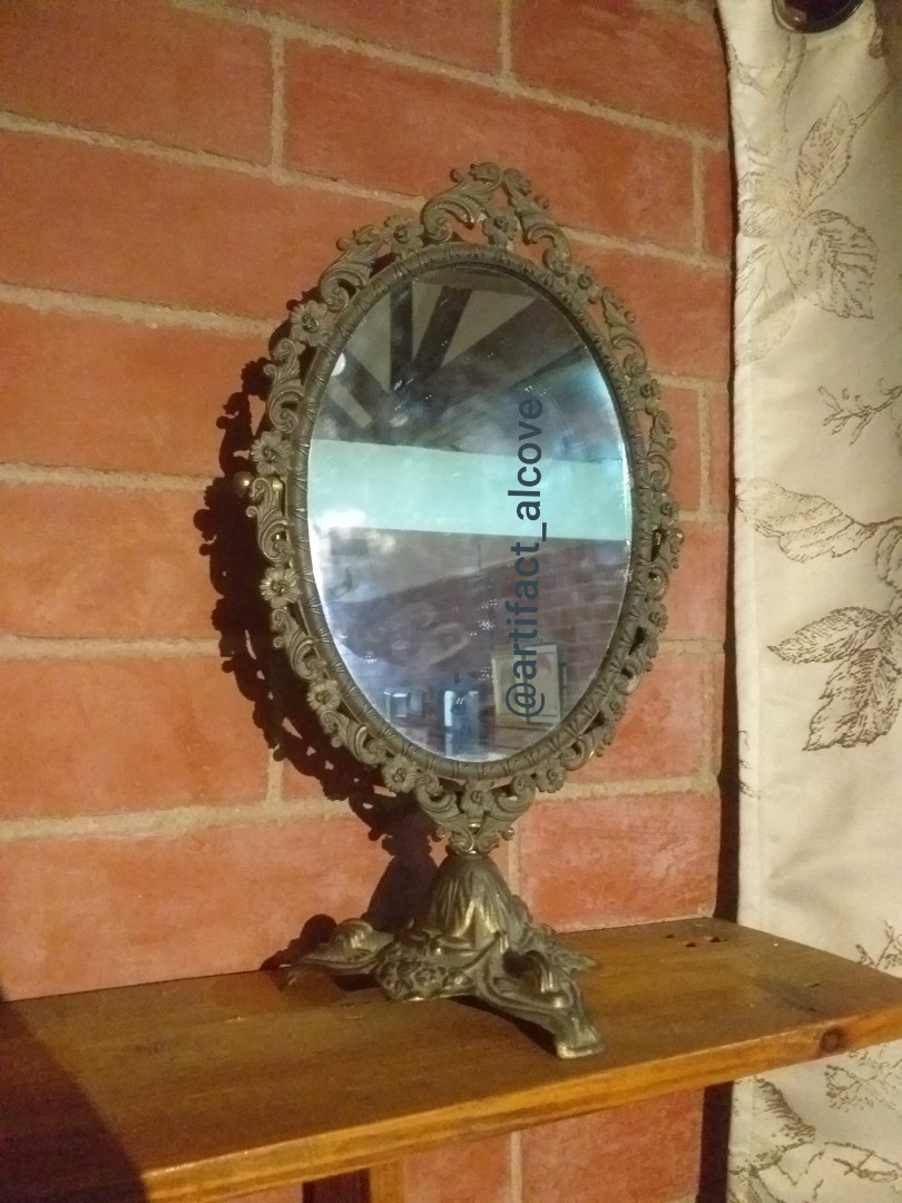 Old Vanity Mirror Brass Italy Display Art Decor Victorian Antique Metal