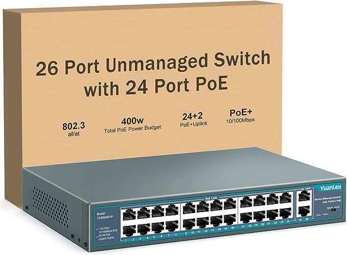 YuanLey 16 Port Gigabit PoE Switch with 2 Gigabit Uplink, 16 PoE+ Port  1000Mbps, 250W 802.3af/at, Metal Desktop/Rackmount, Unmanaged Plug and Play  Network Switch : : Computers & Accessories