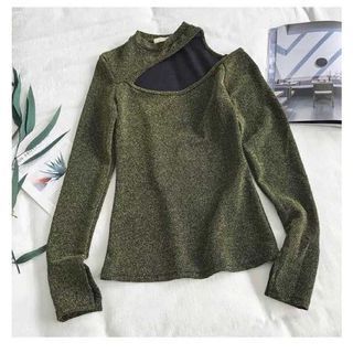 0075 Green Long Sleeves Turtleneck Hollow Out Tops Open Chest Shirt Free Size