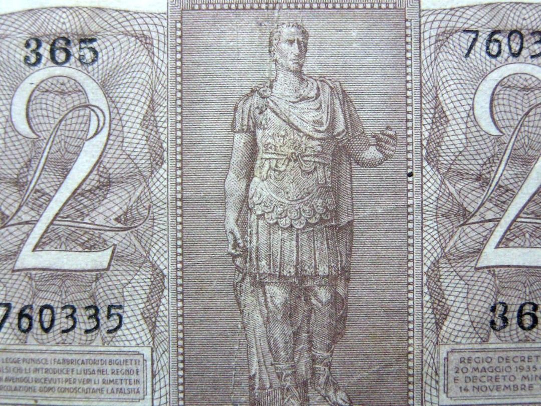 意大利鈔票-1939年意大利王國凱撒大帝雕像2里拉(Lire)鈔票(法西斯黨墨索里尼執政二戰時期), 興趣及遊戲, 收藏品及紀念品, 錢幣-  Carousell