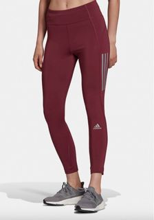 BNWT Adidas own the run 7/8 running leggings tight women red maroon stripes zip pocket