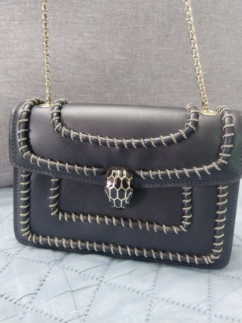 BVLGARI Serpenti Forever Woven Chain Leather Shoulder Bag in Black
