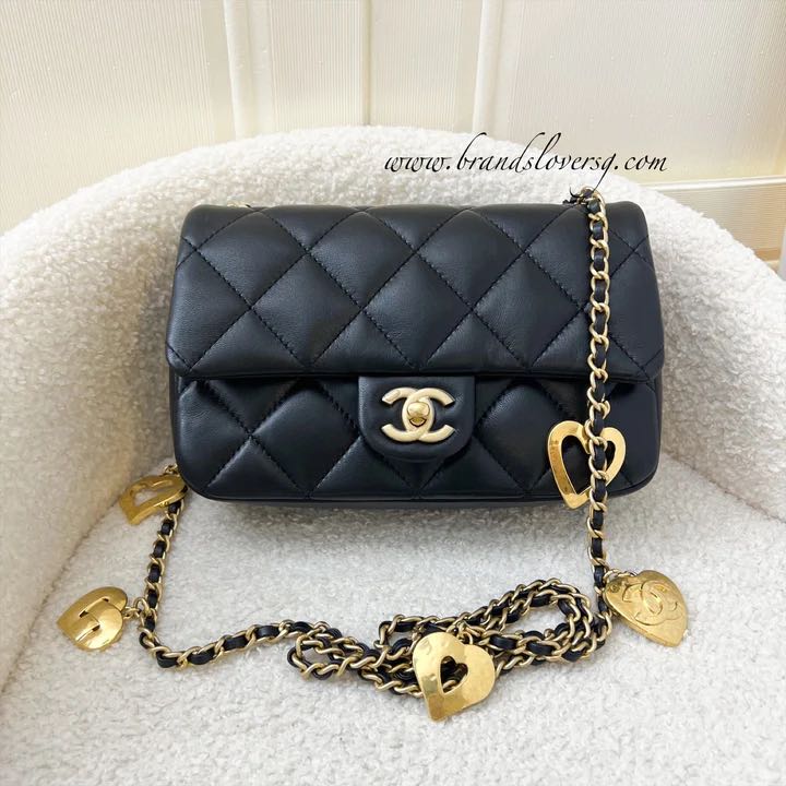 Chanel 22B Small Flap Bag with Heart Charms in Black Lambskin