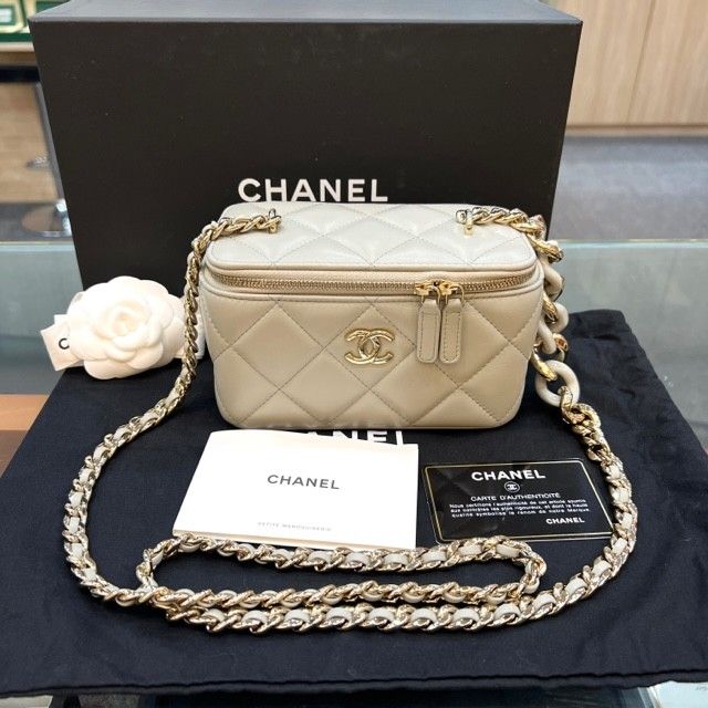 CHANEL Lambskin Vanity With Chain Light Grey GHW, Luxury, Bags