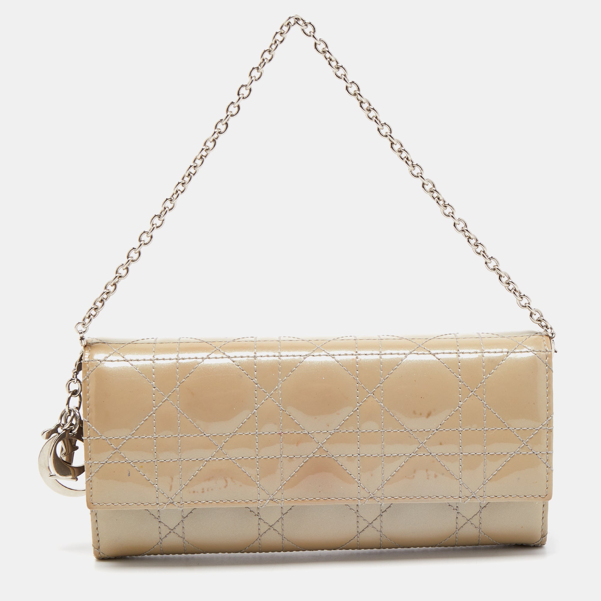 DIOR Women's Lady Dior Chain Pouch Leather in Beige