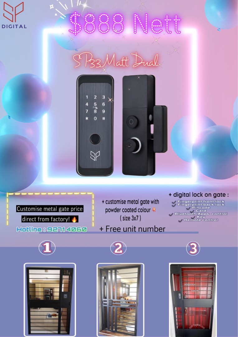 Combo metal gate with digital lock on gate, Furniture & Home Living