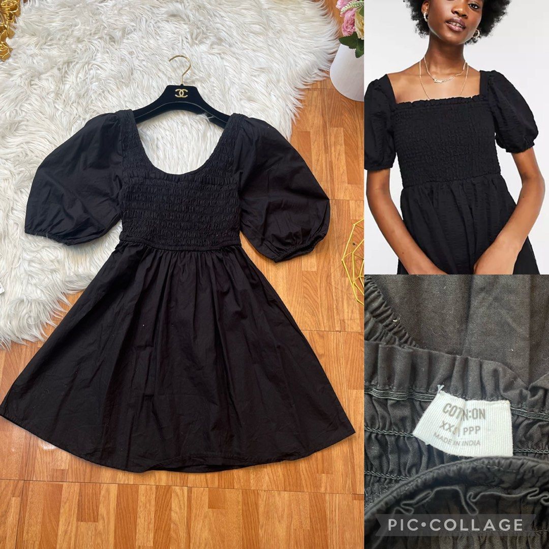 Cotton on black smocked puff sleeve linen dress Women s Fashion Dresses Sets Dresses on Carousell