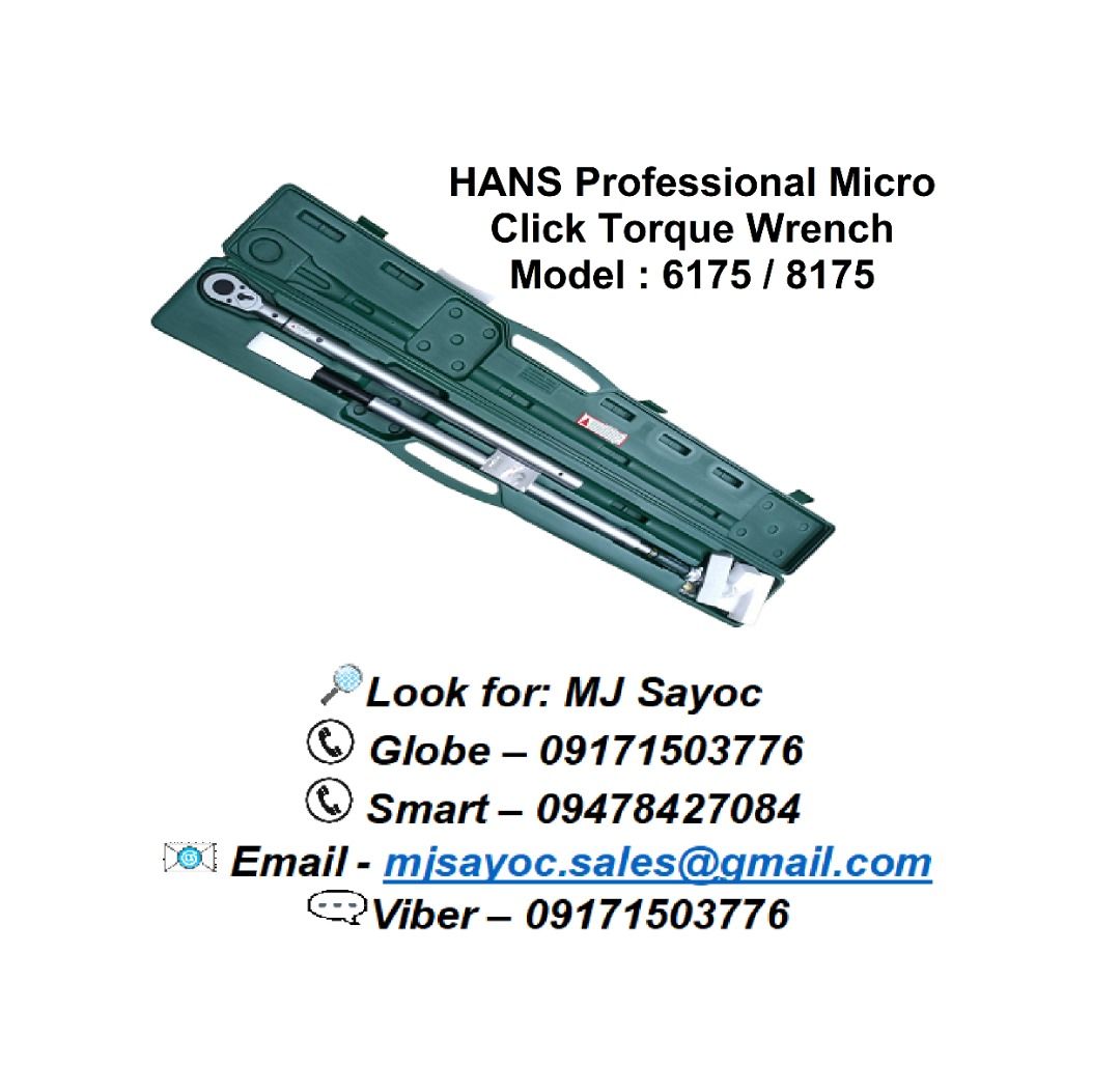 HANS Professional Micro Click Torque Wrench Model : 6175 / 8175 (Category: Construction Tools & Equipment) located in Pasay City. Submitted by gryffinindustrial2023 (Listing ID 1253258365, Image 1). Description: Specifications MODEL SIZE 6175GF 3/4" Drive X 200-1000 Ft. Lbs. 67" 6175GN 3/4" Drive X 300-1500NM 67" 8175GF 1" Drive X 200-1000 Ft. Lbs. 67" 8175GN 1" Drive X 300-1500NM 67" Features: A torque wrench is an essential tool for ensuring th