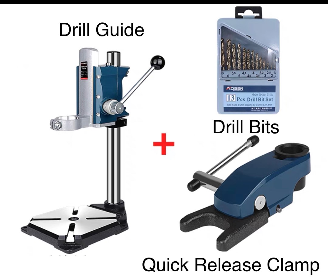 Heavy Duty Precision Drill Guide with Quick Release Clamp and Drill Bits