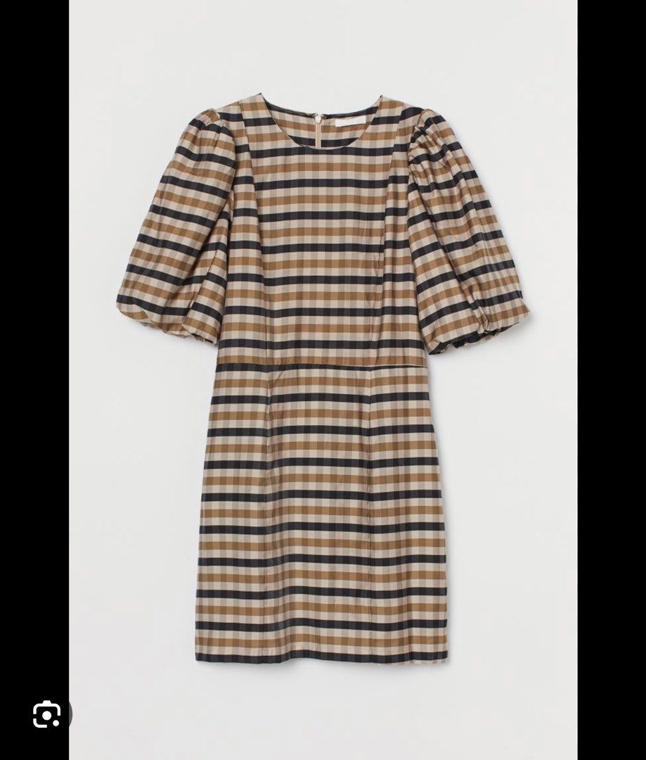 H&M Brown Checkered Dress Puff Sleeve, Women's Fashion, Dresses & Sets,  Dresses on Carousell