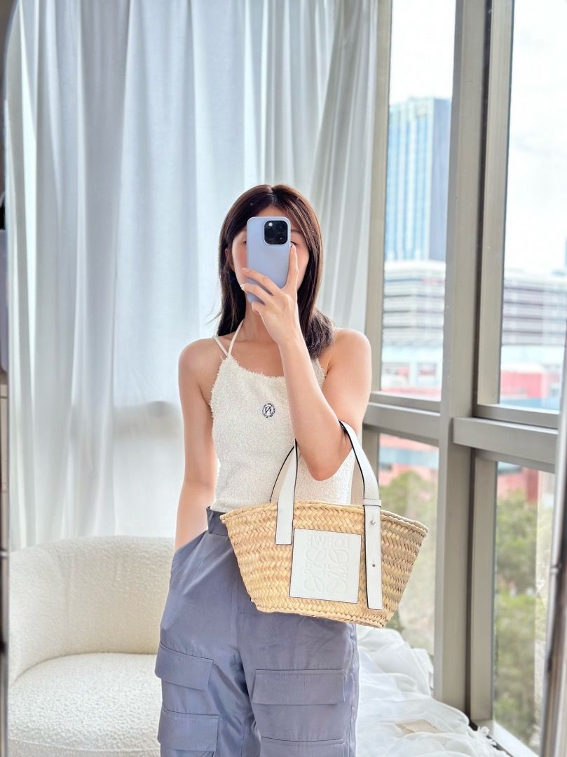 Loewe Small Basket Bag Natural Palm Leaf White Calfskin