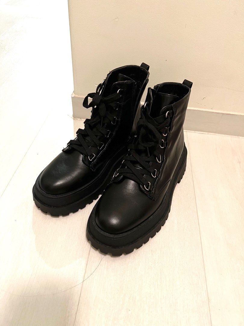 London Rebel Wide Fit chunky lace up black boots Women s Fashion